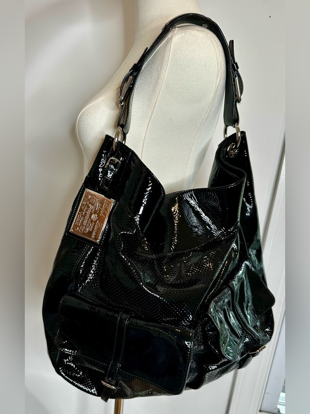 Ralph Lauren Collection Patent Perforated Leather Hobo Bag Black